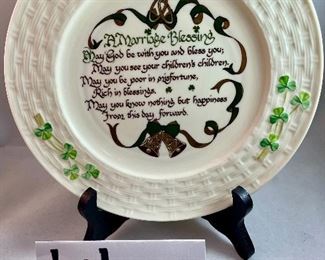 Lot 5154. $46.00. Belleek Ireland Trio. Includes: Small Shamrock Plate (7.25"dia), a sweet Marriage Blessings  Plate (8.5"),  and a Shamrock Picture Frame with a wood backing and 5x7" opening. 