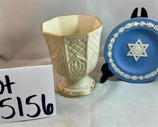 Lot 5156. $30.00. This lot includes a 4.5" round Wedgewood Star of David Star pin plate, and a Lenox Kiddush Cup (4.5"hx3.5" dia) with an octagonal edge.