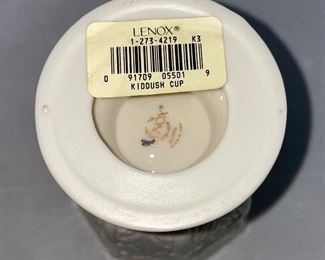 Lot 5156. $30.00. This lot includes a 4.5" round Wedgewood Star of David Star pin plate, and a Lenox Kiddush Cup (4.5"hx3.5" dia) with an octagonal edge.
