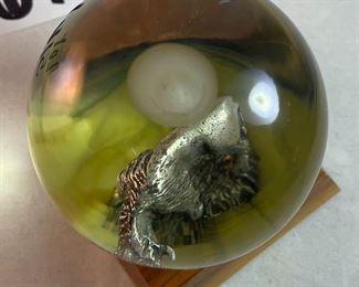 Lot 5161.  $27.00. "You cannot roller skate in a buffalo herd..." but you can own a carved buffalo horn bird on a branch! We will include this pewter Buffalo incased in glass and a metal western cup. 