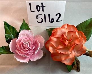 Lot 5162. $180.00   Two Beautiful Boehm Porcelain Flowers.   Made in USA.   Includes a GORGEOUS "Cinderella Camellia" 3" h x 6"w AND a lovely "Pink Peony" 2.5"h x 5"w. These pieces are in perfect condition and are dated 1998 and 1991.  They sell for a fortune and are infinitely more impressive than the Birds!