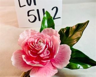 Lot 5162. $180.00   Two Beautiful Boehm Porcelain Flowers.   Made in USA.   Includes a GORGEOUS "Cinderella Camellia" 3" h x 6"w AND a lovely "Pink Peony" 2.5"h x 5"w. These pieces are in perfect condition and are dated 1998 and 1991.  They sell for a fortune and are infinitely more impressive than the Birds!