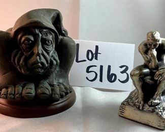 Lot 5163. $60.00  Bronze Old World Gnome figure with his head between his knees and his hands holding his face!  4.5"x4"h, and he is heavy.  Next is a metal replica of Rodan's "The Thinker."   He seems to be contemplating nature from another time and place.  4.5"h x 2.25"w. 