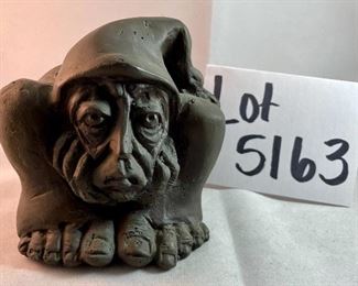 Lot 5163. $60.00  Bronze Old World Gnome figure with his head between his knees and his hands holding his face!  4.5"x4"h, and he is heavy.  Next is a metal replica of Rodan's "The Thinker."   He seems to be contemplating nature from another time and place.  4.5"h x 2.25"w. 