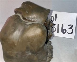 Lot 5163. $60.00  Bronze Old World Gnome figure with his head between his knees and his hands holding his face!  4.5"x4"h, and he is heavy.  Next is a metal replica of Rodan's "The Thinker."   He seems to be contemplating nature from another time and place.  4.5"h x 2.25"w. 