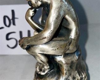 Lot 5163. $60.00  Bronze Old World Gnome figure with his head between his knees and his hands holding his face!  4.5"x4"h, and he is heavy.  Next is a metal replica of Rodan's "The Thinker."   He seems to be contemplating nature from another time and place.  4.5"h x 2.25"w. 