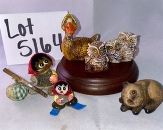 Lot 5164. $12.00. A Lot of Really Cute small figures and miniatures.  Two rock people (skier and hiker), a duck, owls, and a bear (all about 1-1.5"high). Wood stand not included. 