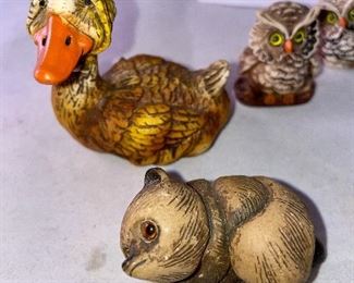 Lot 5164. $12.00. A Lot of Really Cute small figures and miniatures.  Two rock people (skier and hiker), a duck, owls, and a bear (all about 1-1.5"high). Wood stand not included. 