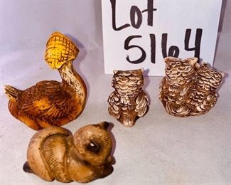Lot 5164. $12.00. A Lot of Really Cute small figures and miniatures.  Two rock people (skier and hiker), a duck, owls, and a bear (all about 1-1.5"high). Wood stand not included. 