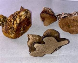 Lot 5164. $12.00. A Lot of Really Cute small figures and miniatures.  Two rock people (skier and hiker), a duck, owls, and a bear (all about 1-1.5"high). Wood stand not included. 