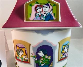 Lot 5165. $95.00. Bjorn Wiinblad for Rosenthal's studio-linie, made in Germany covered porcelain jar "Scenes from a Window" series. Covered box with a Dutch inscription on the back. Two black lacquered hinged boxes (2.75"l x 2"w)