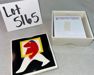 Lot 5165. $95.00. Bjorn Wiinblad for Rosenthal's studio-linie, made in Germany covered porcelain jar "Scenes from a Window" series. Covered box with a Dutch inscription on the back. Two black lacquered hinged boxes (2.75"l x 2"w)