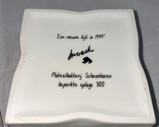 Lot 5165. $95.00. Bjorn Wiinblad for Rosenthal's studio-linie, made in Germany covered porcelain jar "Scenes from a Window" series. Covered box with a Dutch inscription on the back. Two black lacquered hinged boxes (2.75"l x 2"w)