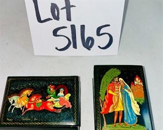 Lot 5165. $95.00. Bjorn Wiinblad for Rosenthal's studio-linie, made in Germany covered porcelain jar "Scenes from a Window" series. Covered box with a Dutch inscription on the back. Two black lacquered hinged boxes (2.75"l x 2"w)