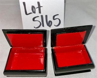 Lot 5165. $95.00. Bjorn Wiinblad for Rosenthal's studio-linie, made in Germany covered porcelain jar "Scenes from a Window" series. Covered box with a Dutch inscription on the back. Two black lacquered hinged boxes (2.75"l x 2"w)