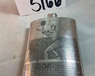 Lot 5166. $88.00. Tennis: The game where love measures nothing! This lot is made up of a mix for apres the match. A pewter Kelermes from Sheffield 6oz hip flask with a Tennis player, and 6 vintage Ashby tennis low ball glasses will help things get started, then admire an Orrefors crystal tennis ball 3.5"dia. 