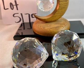 Lot 5175. $30.00. Unique Oak half-moon with faceted crystal (approx 1.75") and 2 faceted crystals with hanging ports Approx 2" in dia. All are unmarked. Hang these puppies in a window and spend your days catching rainbows! 