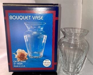 Lot 5187. $24.00/case St. Georges Crystal, LTD 5" lead crystal vase in an individual box. We are selling these by the case, which includes 6 vases.  We have 2 cases, so 12 total vases. 5" tall. 