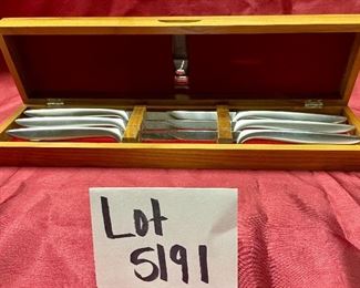 Lot 5191. $60.00. 6 Midcentury Gerber Legendary Blades Steak Knives. Includes a wooden presentation/storage box. Have Gerber - MIMING under the handle. The blade is roughly 3.25"l
