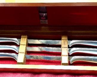 Lot 5191. $60.00. 6 Midcentury Gerber Legendary Blades Steak Knives. Includes a wooden presentation/storage box. Have Gerber - MIMING under the handle. The blade is roughly 3.25"l