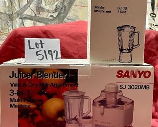 Lot 5192. $40.00ea pair. Sanyo Juicer Blender Wet&Dry Mill Attachment 3-in-1 Multipurpose Machine Model: SJ3020MB. We added an Extra Blender Attachment SJ3B (also blender attachment is available alone in 5194). New in boxes, untested. We have 3 of this lot. 
