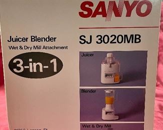 Lot 5192. $40.00ea pair. Sanyo Juicer Blender Wet&Dry Mill Attachment 3-in-1 Multipurpose Machine Model: SJ3020MB. We added an Extra Blender Attachment SJ3B (also blender attachment is available alone in 5194). New in boxes, untested. We have 3 of this lot. 