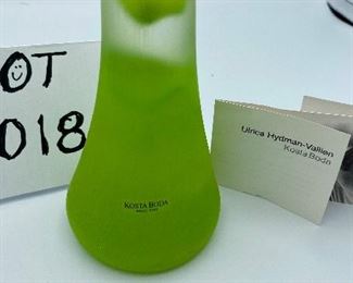 Lot 5159B. (please ignore the number on this card) $85.00 Signed Kosta Boda Funghi Green Vase, designed and signed by Ulrica Hydman-Vallien (40119) 21" tall, includes original box.   Ulrica is one of Sweden's premier artglass designers. 