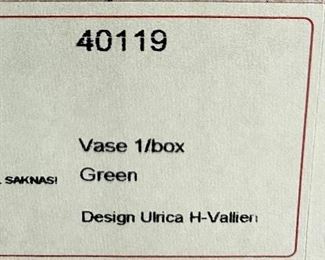 Lot 5159B. (please ignore the number on this card) $85.00 Signed Kosta Boda Funghi Green Vase, designed and signed by Ulrica Hydman-Vallien (40119) 21" tall, includes original box.   Ulrica is one of Sweden's premier artglass designers. 