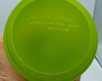 Lot 5159B. (please ignore the number on this card) $65.00. Signed Kosta Boda Funghi Green Vase, designed by Ulrica Hydman-Vallien (40119) 21" tall, includes original box. 