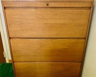 Lot 5203. $250.00  Vintage Wood 3 drawer Horizontal File Cabinet (no key). Jofco maker of fine wood office furniture, Jasper. IN.	38" Wx 19" D x 49" H.