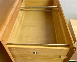 Lot 5203. $250.00  Vintage Wood 3 drawer Horizontal File Cabinet (no key). Jofco maker of fine wood office furniture, Jasper. IN.	38" Wx 19" D x 49" H.  