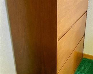 Lot 5203. $250.00  Vintage Wood 3 drawer Horizontal File Cabinet (no key). Jofco maker of fine wood office furniture, Jasper. IN.	38" Wx 19" D x 49" H.  