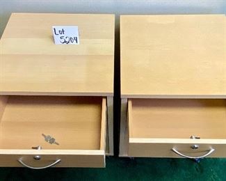 Lot 5204. $190.00 for 2 Birch Color Wood File Cabinets. 2 pencil drawers, 1 file drawer w/lock and key. on casters. 19" W  x 18" D x 26" H. Very attractive Pair of Cabinets. 