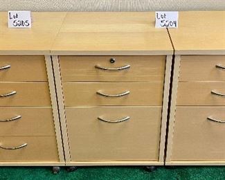 Lot 5204. $190.00 for 2 Birch Color Wood File Cabinets. 2 pencil drawers, 1 file drawer w/lock and key. on casters. 19" W  x 18" D x 26" H. Very attractive Pair of Cabinets.                                                                                                Lot 5205. $95.00 4 Drawer Birch Color Wood Cabinet  w/lock and key on casters. 19" W  x 18" D x 26" H. Very attractive cabinet.