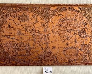 Lot 5206  $150.00   Nova Totivs Terravm Orbis Geographica Foil Hydrograghica Tabvka Henr Hondio Map.  47" W  x 27.5" H. This Map is solid wood back with a copper treatment on the wood surface.  Very Unique World Map.  