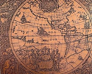 Lot 5206  $150.00   Nova Totivs Terravm Orbis Geographica Foil Hydrograghica Tabvka Henr Hondio Map.  47" W  x 27.5" H. This Map is solid wood back with a copper treatment on the wood surface.  Very Unique World Map.  
