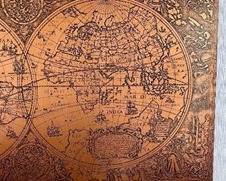 Lot 5206  $150.00   Nova Totivs Terravm Orbis Geographica Foil Hydrograghica Tabvka Henr Hondio Map.  47" W  x 27.5" H. This Map is solid wood back with a copper treatment on the wood surface.  Very Unique World Map.  