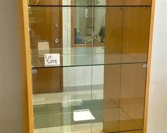 Lot 5208. $850.00. This is truly one beautiful 3 glass shelf Display Case/Curio Cabinet. Birch Wood w/light. Solid Glass doors and Mirror Black. Sits on 4 metal Legs and plenty of display space.  this could work as a Trophy Cabinet, Front Office Display Case or in an Executive Office. 38"W x 19" D x 78" H