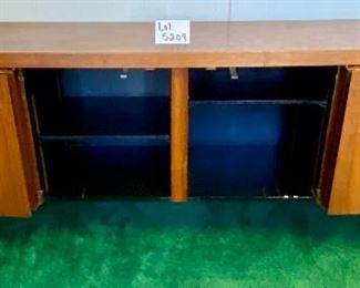 Lot 5209 $1,950.00  Mid Century Modern (MCM) Credenza by Lehigh Leopold Furniture, 4 drawers and 2 bifold cabinet doors with adjustable shelves 77" L  x 17" D x 28.5"H.  Beautiful piece of MCM, needs some Love but will Pop when refinished.  