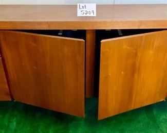 Lot 5209 $1,950.00  Mid Century Modern (MCM) Credenza by Lehigh Leopold Furniture, 4 drawers and 2 bifold cabinet doors with adjustable shelves 77" L  x 17" D x 28.5"H.  Beautiful piece of MCM, needs some Love but will Pop when refinished.  
