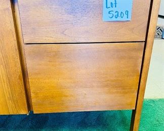 Lot 5209 $1,950.00  Mid Century Modern (MCM) Credenza by Lehigh Leopold Furniture, 4 drawers and 2 bifold cabinet doors with adjustable shelves 77" L  x 17" D x 28.5"H.  Beautiful piece of MCM, needs some Love but will Pop when refinished.  