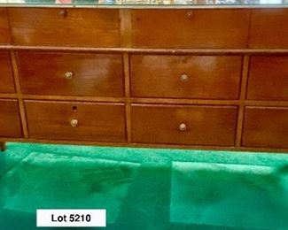 Lot 5210.  $1,200.00   Vintage Wood Display Case w/glass enclosure. This is one of our favorites from the Sale.  Awesome details (look at those corners!), 4 Doors to access display, 9 drawer storage. Perfect for an Antique/Jewelry/Collectibles.	73" L x 22" D  x 35.5" H