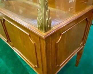 Lot 5210.  $1,200.00   Vintage Wood Display Case w/glass enclosure. This is one of our favorites from the Sale.  Awesome details (look at those Brass corners!), 4 Doors to access display, 9 drawer storage. Perfect for an Antique/Jewelry/Collectibles.	73" L x 22" D  x 35.5" H