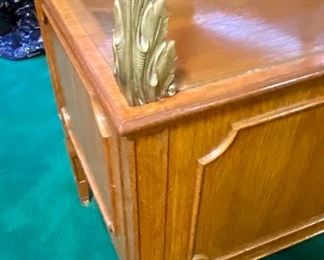 Lot 5210.  $1,200.00   Vintage Wood Display Case w/glass enclosure. This is one of our favorites from the Sale.  Awesome details (look at those corners!), 4 Doors to access display, 9 drawer storage. Perfect for an Antique/Jewelry/Collectibles.	73" L x 22" D  x 35.5" H