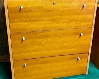 Lot 5211. $275.00   Teak Veneer 3 drawer Horizontal File Cabinet with Dividers in Drawers. Great storage and attractive  37.5" W x 15.75" D  x 38.75" H