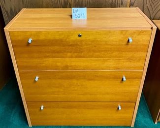Lot 5211. $275.00   Teak Veneer 3 drawer Horizontal File Cabinet with Dividers in Drawers. Great storage and attractive  37.5" W x 15.75" D  x 38.75" H