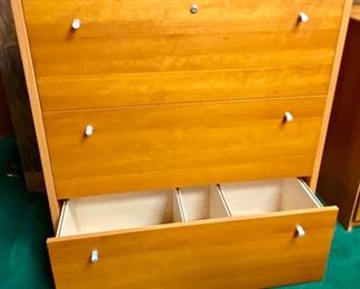 Lot 5211. $275.00   Teak Veneer 3 drawer Horizontal File Cabinet with Dividers in Drawers. Great storage and attractive  37.5" W x 15.75" D  x 38.75" H