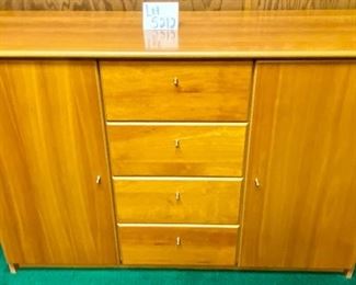 Lot 5212. $350.00  Danish Modern Style Credenza w/4 drawers and 2 cabinets w/doors with shelves.  Solid construction and very nice piece of office furniture.  Could be used as a Media Center or Conference Room Credenza.  54" W x 17" D  x 33.5" H