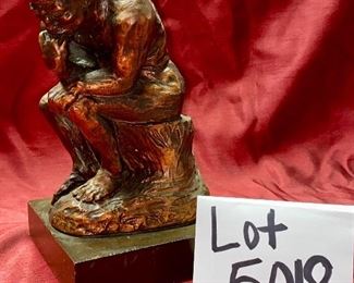 Lot 5018. $45.00 The "Thinker" (composite) Replica  Sculpture of Rodin on a Wood base.  5.5" Square  x  9" H.  Looks like it is Bronze.  Very Nice.