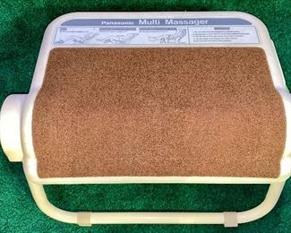 Lot 5213. $235.00  Household Massage Lounger. Massage chair recliner model EP588E features back, neck, and foot massage with multiple settings plus user programmable.  Independent back recline and foot rest operation. Beige Microfiber, plus Panasonic Foot Massager.  32"w x 29"d x 43"tall.